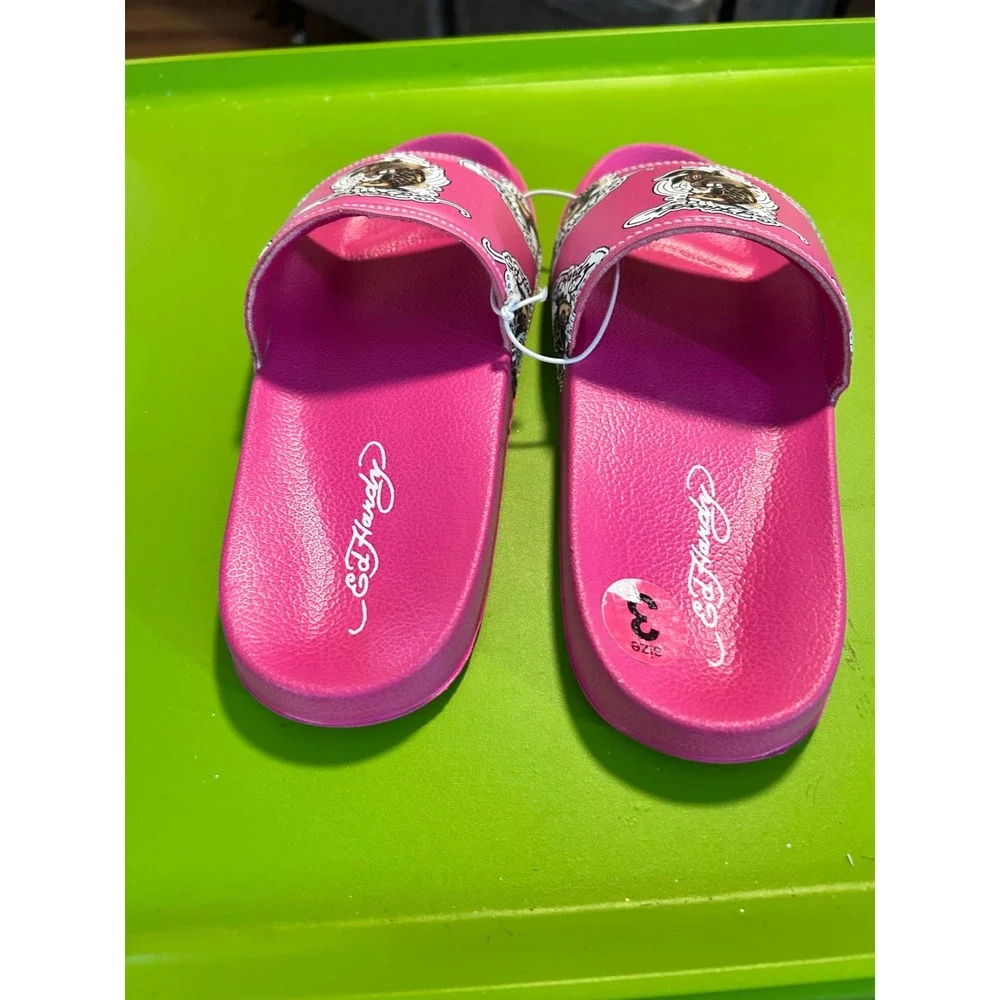 Ed‎ Hardy Pink Koi Fish Tattoo Graphic Slide Sandals Kids Size 3